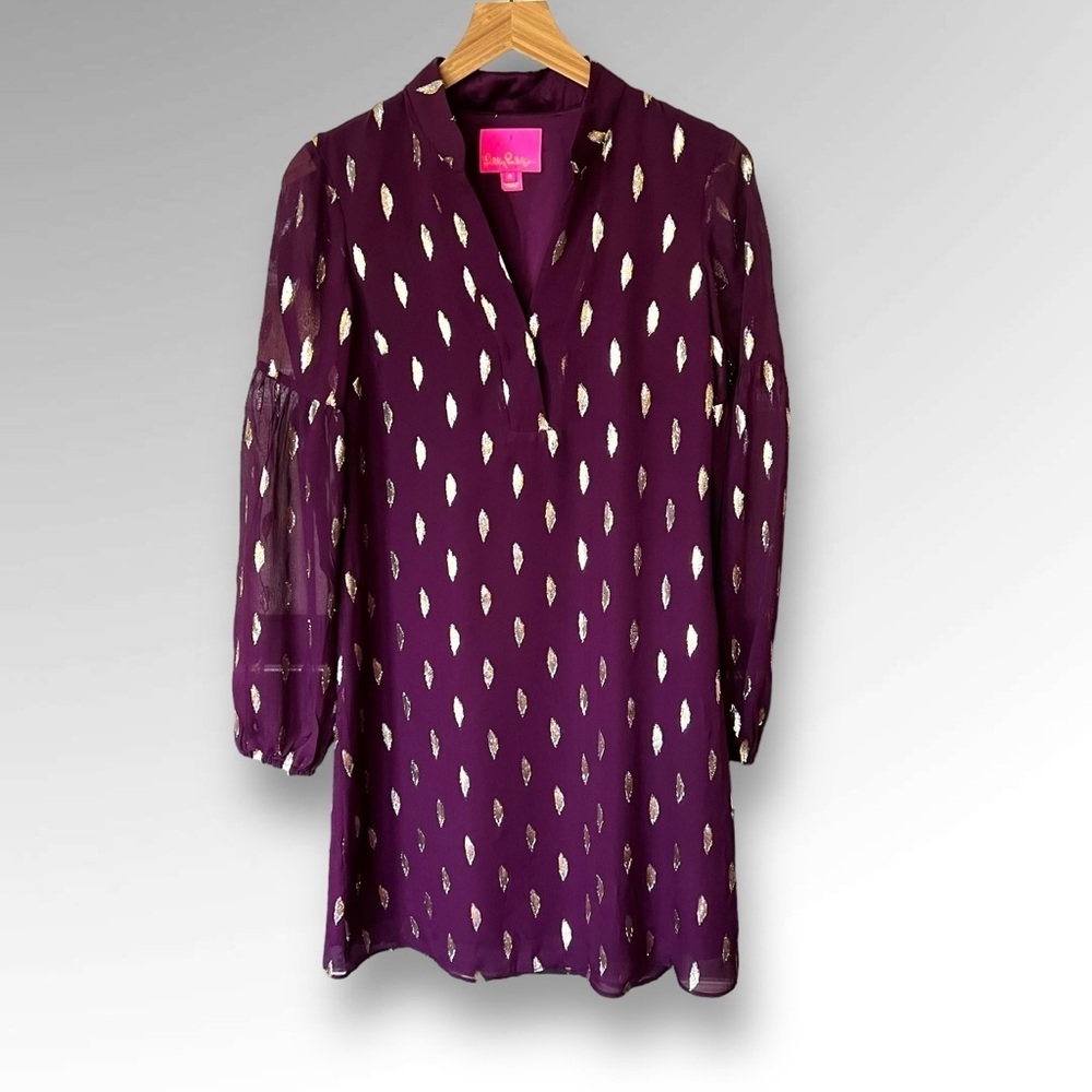 Lilly Pulitzer Shea Silk Dress Cabernet Berry Metallic Diamond Clip.